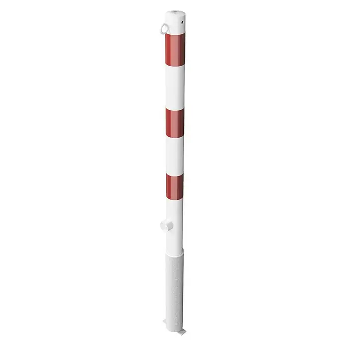 Schake Sperrpfosten - Ø x H: 60 x 1.300 mm, Stahl, Einbetonieren, Weiß/Rot, Öse, Dreikantverriegelung - Eine rot-weiß gestreifte Straßensperre, die auf einer Betonbasis steht, sorgt für Sicherheit und Ordnung im öffentlichen Raum.