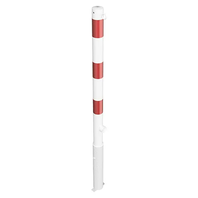 Schake Sperrpfosten - Ø x H: 60 x 1.300 mm, Stahl, Einbetonieren, Weiß/Rot, Öse, Dreikantverriegelung - Ein rot-weiß gestreifter Leitpfosten, der typischerweise zur Verkehrsleitung oder Absperrung verwendet wird, ist auf dem Bild zu sehen.