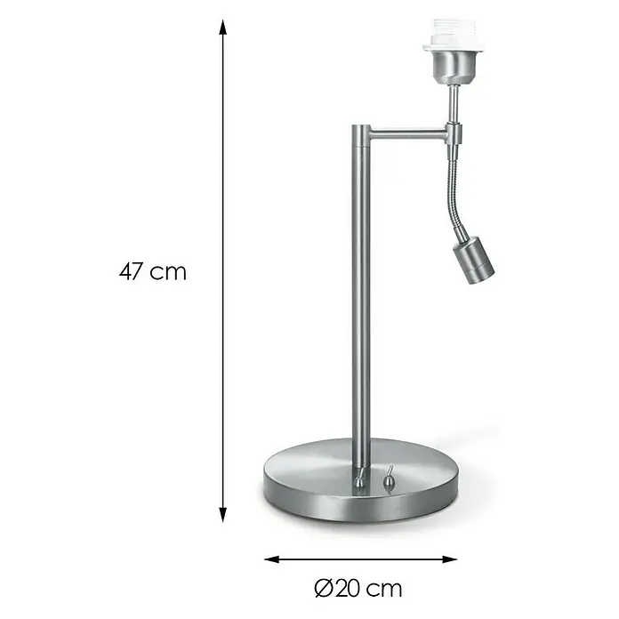 Deko-Tischleuchte Read - L x B x H: 20 x 20 x 47 cm, Mattstahl, E27 - Bild einer verstellbaren Schreibtischlampe aus Metall mit den Maßen 47 cm Höhe und 20 cm Durchmesser.