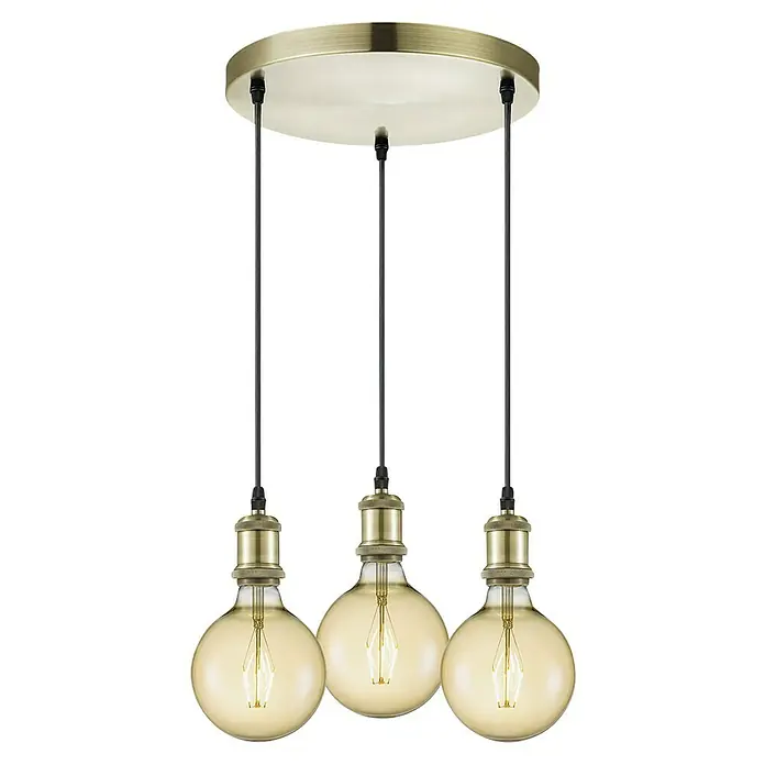 Home Sweet Home Pendelleuchte rund - Ø x H: 30 mm x 109 cm, Gold, E27 - Eine stilvolle Pendelleuchte mit drei Edison-Glühbirnen und Messingbeschlägen, die ein warmes und einladendes Licht erzeugt.