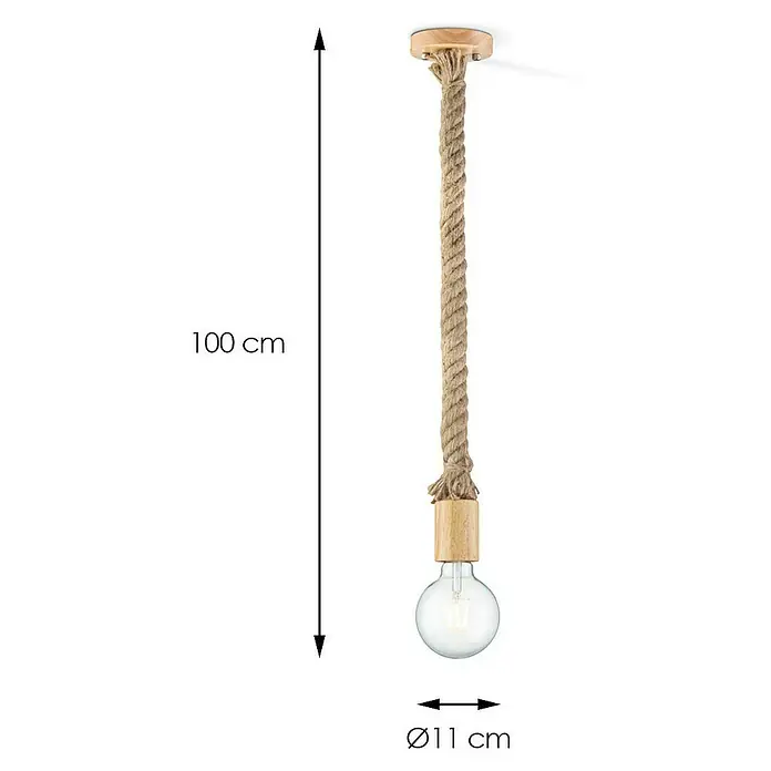 Home Sweet Home Lampenpendel Leonardo - Beige, Naturmaterialien, 115 cm, E27 - Seil-Hängeleuchte mit Holzdetails und einer Länge von 100 cm, der Durchmesser der Glühbirne beträgt 11 cm.