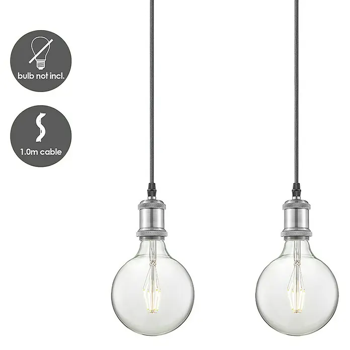 Home Sweet Home Pendelleuchte - L x B x H: 66 x 9,3 x 109 cm, Silber, E27 - Zwei moderne Pendelleuchten mit klaren Glaskugeln und grauen Kabeln. Leuchtmittel nicht enthalten.