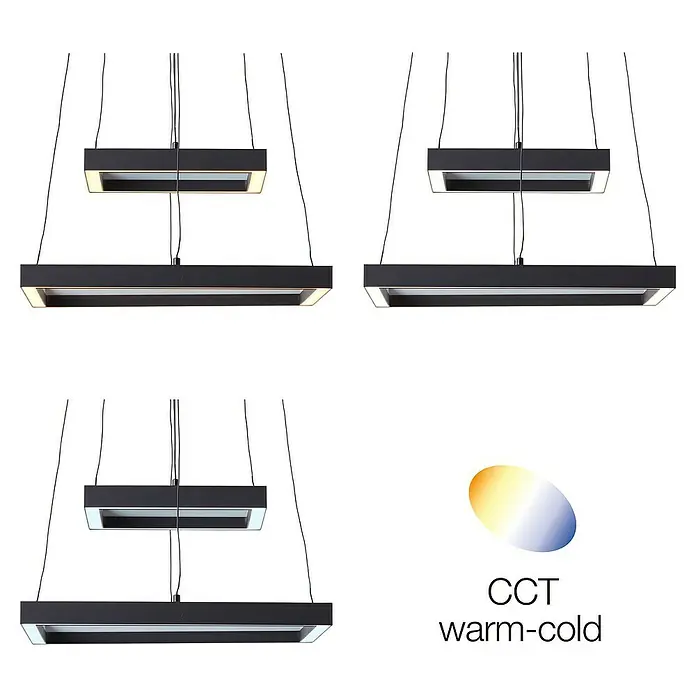 Brilliant LED-Pendelleuchte Icarus - L x B x H: 180 x 50 x 50 cm, Schwarz, RGB - Drei hängende, rechteckige LED-Leuchten mit verstellbarer Farbtemperatur (CCT). Das moderne Design sorgt für warmes bis kaltes Licht.