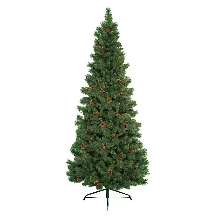 Árbol de Navidad artificial Norwich Pine - Altura: 150 cm, Verde - Árbol de Navidad artificial verde con piñas sobre un soporte metálico verde oscuro.