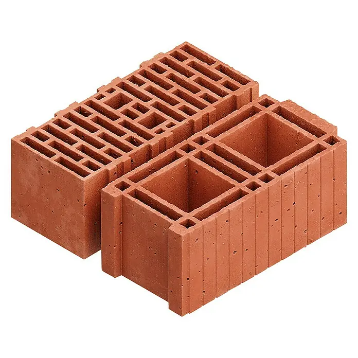 Bosch Beton- & Steinbohrer MAX-4 - 1 Stk., Durchmesser Bohrer: 25 mm - Zwei rote Ziegelsteine mit unterschiedlichen Mustern und Hohlräumen, die sich ideal für den Bau von Wänden eignen.