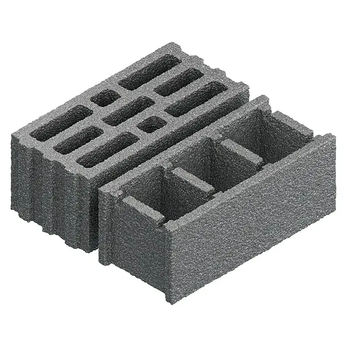 Bosch Beton- & Steinbohrer MAX-4 - 1 Stk., Durchmesser Bohrer: 25 mm - Zwei graue Hohlblocksteine liegen nebeneinander. Die Steine haben rechteckige Aussparungen für mehr Leichtigkeit und bessere Wärmeisolierung.