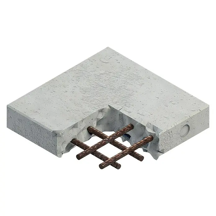Bosch Beton- & Steinbohrer MAX-4 - 1 Stk., Durchmesser Bohrer: 25 mm - Eine quadratische Betonplatte mit freiliegender Bewehrung, die einen Einblick in die innere Struktur des Materials bietet.
