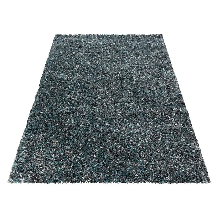 Hochflorteppich Enjoy 4500 - Blau, 170 x 120 cm, 100 % Polypropylen - Ein rechteckiger, mehrfarbiger Shaggy-Teppich vor einem schwarzen Hintergrund. Der Teppich hat eine dichte, flauschige Textur.