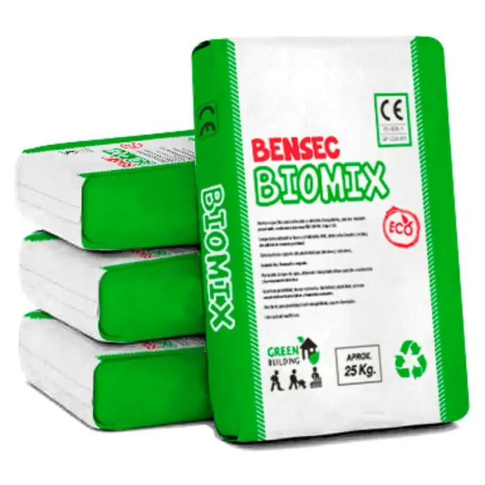 BHS Cataluña Mortero para fachada Bio Mix Revoco - 25 kg, Blanco - Una pila de sacos de cemento Bensec Biomix, una opción de construcción eco-consciente.
