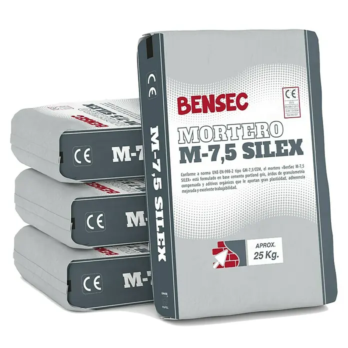 BHS Cataluña Mortero de cemento M-7,5 Sílex - 25 kg, Gris - Pila de sacos de mortero Bensec M-7.5 Silex, ideales para la construcción.