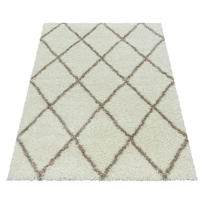 Hochflorteppich Alvor 3401 - Cream, 250 x 80 cm, 100 % Polypropylen - Elfenbeinfarbener Teppich mit Rautenmuster. Der weiche Teppich hat ein schlichtes, aber stilvolles Design und ist ein echter Hingucker.