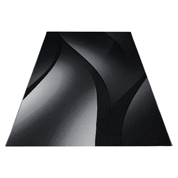 Kurzflorteppich Plus 8010 - Schwarz, 230 x 160 cm, 100% Polypropylen - Ein eleganter, abstrakter Teppich in Schwarz- und Grautönen mit fließenden Linien, der jedem Raum einen modernen Touch verleiht.