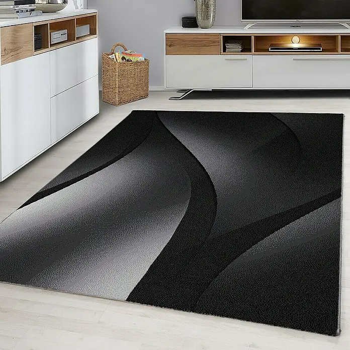 Kurzflorteppich Plus 8010Schwarz, 170 x 120 cm, 100% Polypropylen - Moderner schwarzer Teppich mit abstraktem Design für ein stilvolles Ambiente im Wohnzimmer. Ein echter Hingucker.