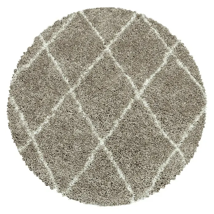 Hochflorteppich Alvor 3401 - Beige, Durchmesser: 80 cm, 100 % Polypropylen - Ein runder, getufteter Teppich mit einem Rautenmuster in Beige und Weiß. Ideal für Wohnzimmer und Schlafzimmer.