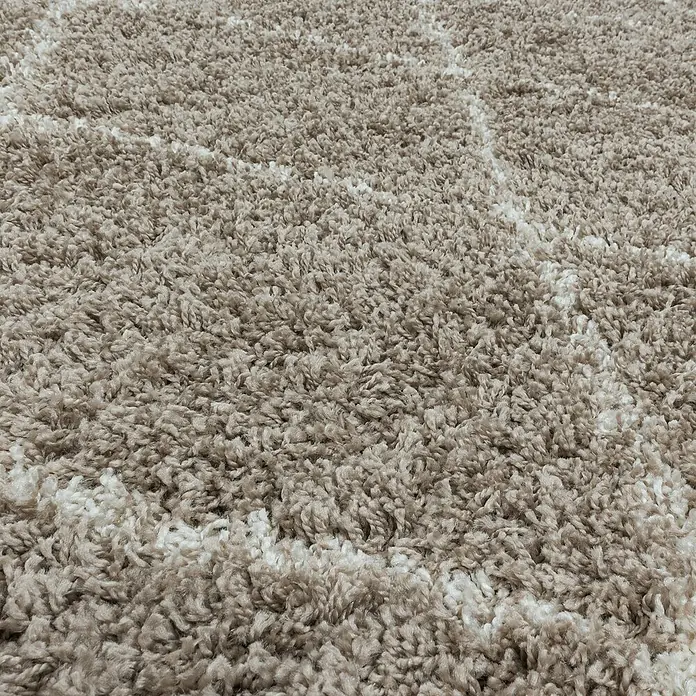 Hochflorteppich Alvor 3401Beige, 370 x 280 cm, 100 % Polypropylen - Detailaufnahme eines beigen Teppichs mit einem subtilen, abstrakten Muster, das für Wärme und Textur in jedem Raum sorgt.