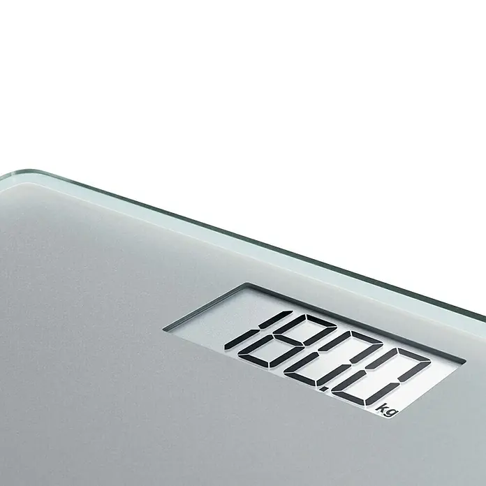 Báscula digital Style Sense Compact 300 - 29 x 29 x 2 cm, Vidrio, Plata - Pantalla digital de una báscula que muestra 180,0 kg. La báscula tiene una superficie de vidrio y muestra el peso claramente.