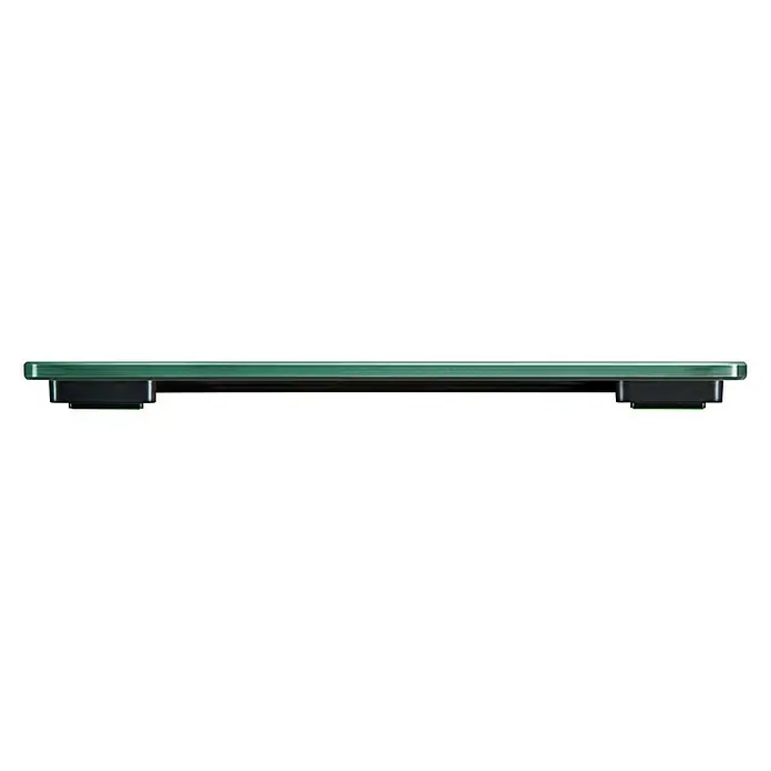 Báscula digital Style Sense Compact 300 - 29 x 29 x 2 cm, Vidrio, Plata - Elegante báscula de vidrio con detalles en verde sobre un fondo negro. El diseño del producto parece moderno y minimalista.