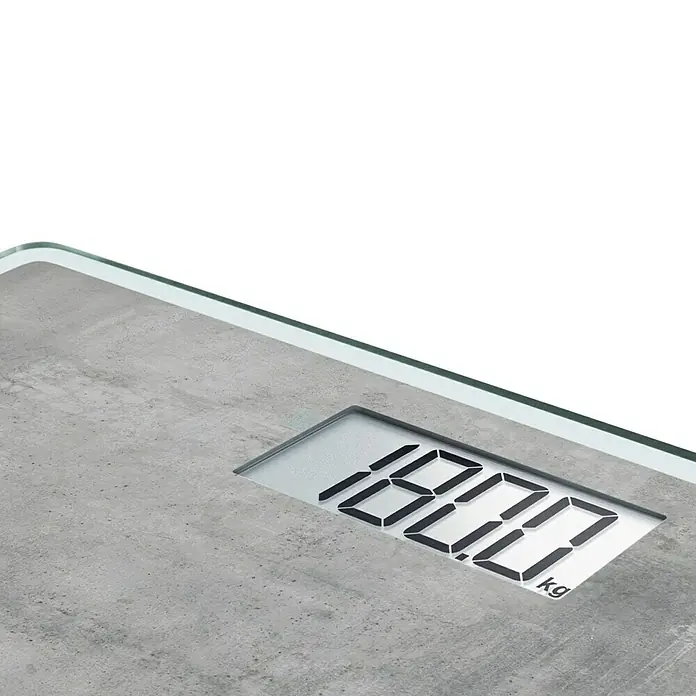 Báscula digital Style Sense Compact 300 - 29 x 29 x 2 cm, Vidrio, Gris hormigón - Báscula de baño digital que muestra 180.0 kg, ideal para el control de peso. Su diseño moderno complementa cualquier baño.