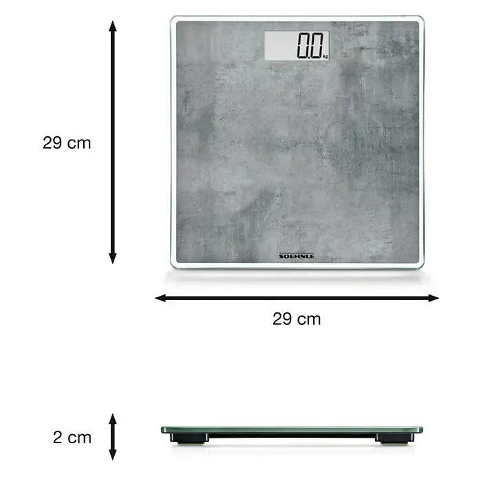 Báscula digital Style Sense Compact 300 - 29 x 29 x 2 cm, Vidrio, Gris hormigón - Imagen de una báscula digital Soehnle con aspecto de hormigón y detalles de dimensiones.
