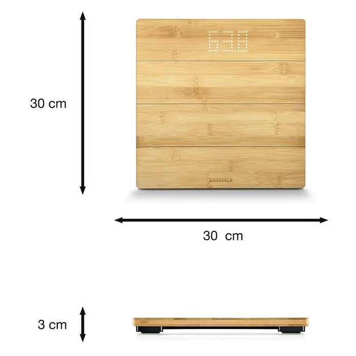 Báscula digital Style Sense Bamboo Magic - 30 x 30 x 3,3 cm, Materiales naturales, Bamboo - Imagen del producto de una báscula digital personal de bambú con dimensiones de 30 x 30 x 3 cm.