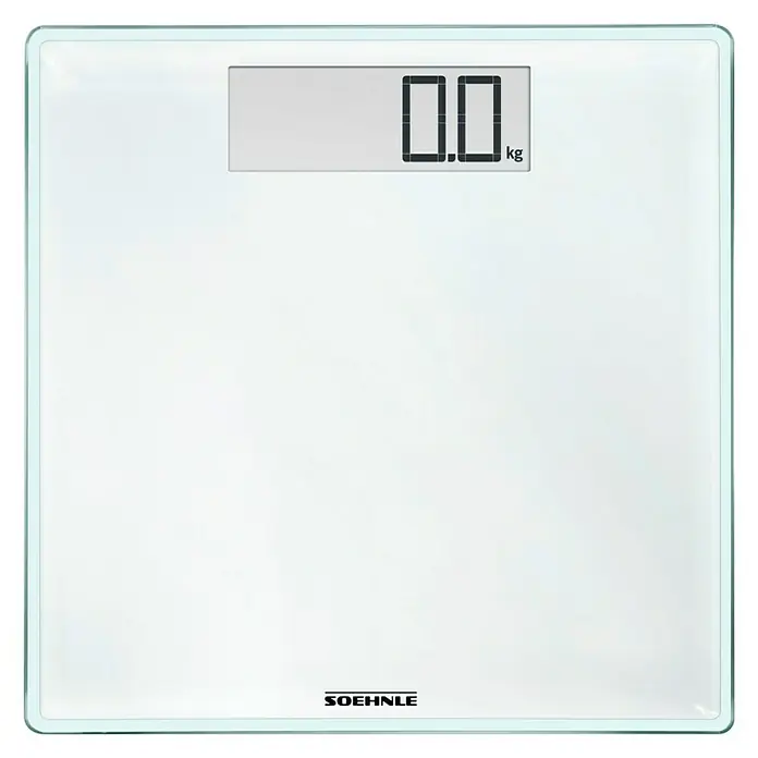 Báscula digital Style Sense Comfort 100 - 31 x 31 x 2 cm, Vidrio, Blanco - Báscula personal Soehnle con pantalla digital. La báscula es blanca y muestra 0.0 kg. La pantalla es grande y fácil de leer.