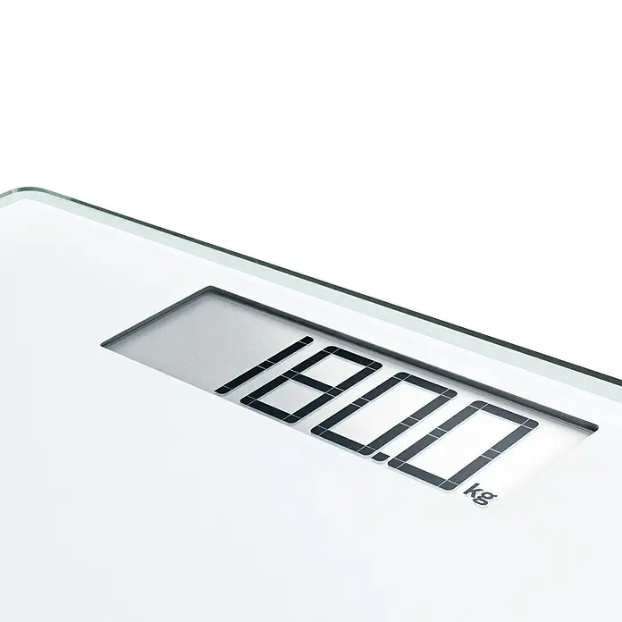 Báscula digital Style Sense Comfort 100 - 31 x 31 x 2 cm, Vidrio, Blanco - Primer plano de una báscula blanca que muestra 180.0 kg, centrado en el display digital.