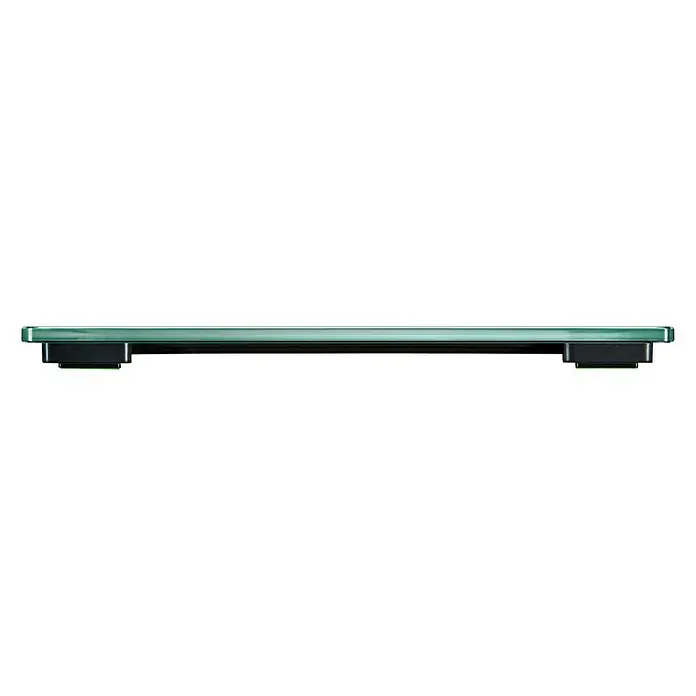 Báscula digital Style Sense Comfort 100 - 31 x 31 x 2 cm, Vidrio, Blanco - Una elegante báscula de cristal transparente con detalles verdes sobre un fondo negro.