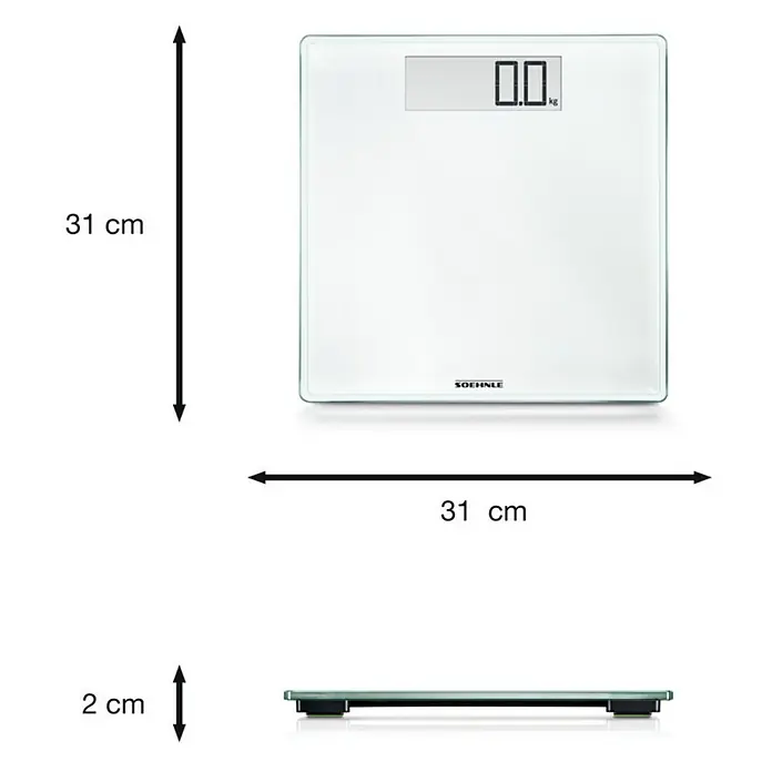Báscula digital Style Sense Comfort 100 - 31 x 31 x 2 cm, Vidrio, Blanco - Imagen de una báscula personal de vidrio Soehnle con dimensiones 31 x 31 x 2 cm.