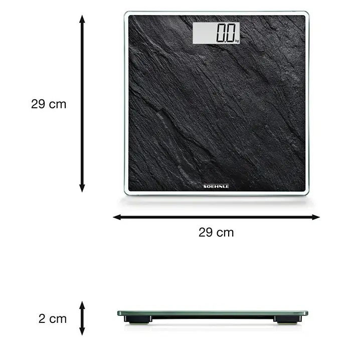 Báscula digital Style Sense Compact 300 - 29 x 29 x 2 cm, Vidrio, Negro pizarra - Imagen del producto de una báscula digital de baño Soehnle con aspecto de piedra gris y dimensiones de 29 x 29 x 2 cm.