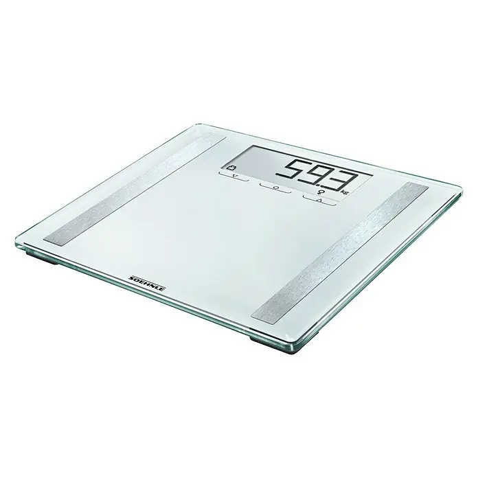 Báscula digital Shape Sense Control 200 - 32 x 32 x 2,1 cm, Vidrio, Blanco - Una báscula digital Soehnle con superficie de vidrio y elementos de acero inoxidable que muestra un peso de 59,3 kg. Ideal para el control.