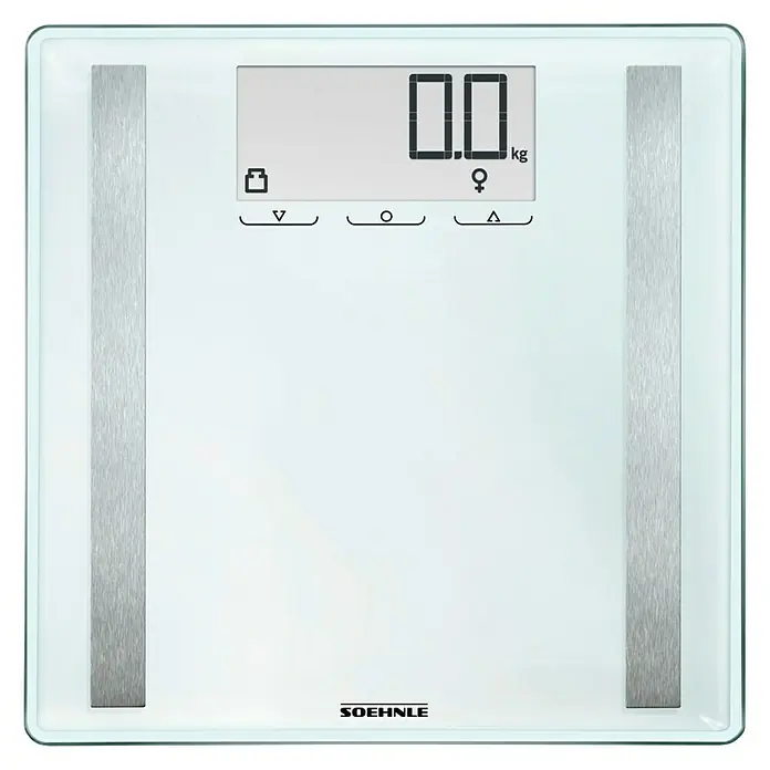 Báscula digital Shape Sense Control 200 - 32 x 32 x 2,1 cm, Vidrio, Blanco - Báscula digital de vidrio Soehnle con pantalla LCD y aplicaciones de acero inoxidable para mediciones de peso precisas en un diseño moderno.