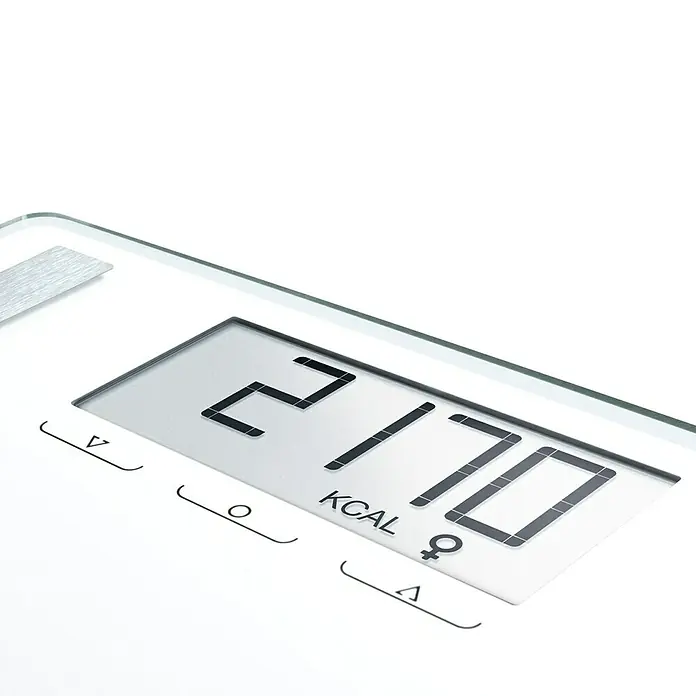Báscula digital Shape Sense Control 200 - 32 x 32 x 2,1 cm, Vidrio, Blanco - Primer plano de una báscula de análisis corporal que muestra una lectura de 2170 kcal y un símbolo de género femenino.