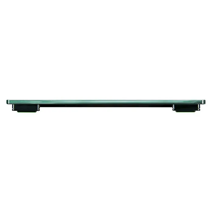 Báscula digital Shape Sense Control 200 - 32 x 32 x 2,1 cm, Vidrio, Blanco - Primer plano de una báscula de vidrio con detalles verdes, mostrando un diseño moderno y minimalista.\n