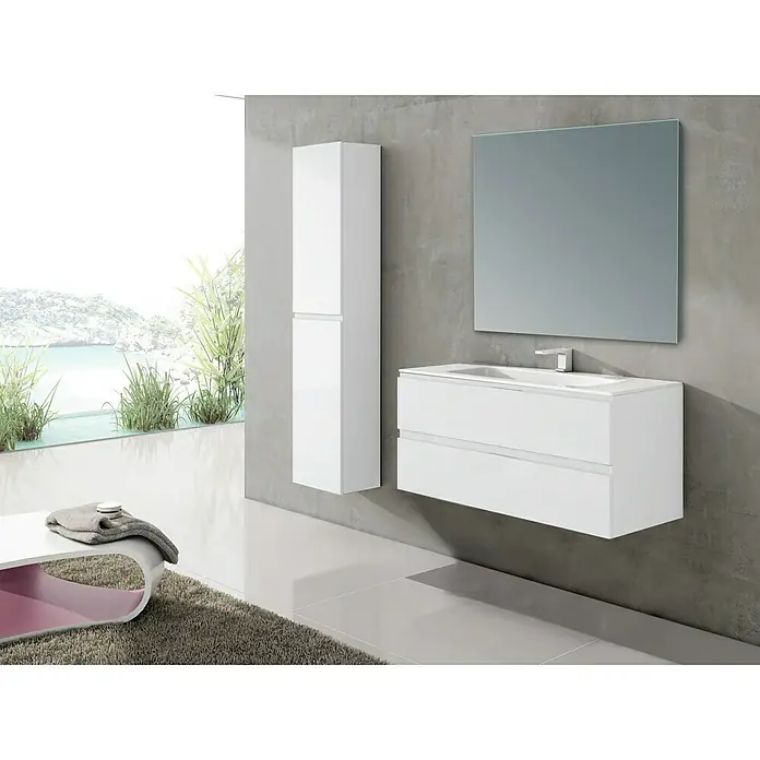Conjunto de mueble de baño Módena - Ancho: 120 cm, Blanco, 3 pzs. - Elegante conjunto de baño con un lavabo flotante en blanco, un espejo de alto brillo y una unidad de almacenamiento alta y elegante en blanco.
