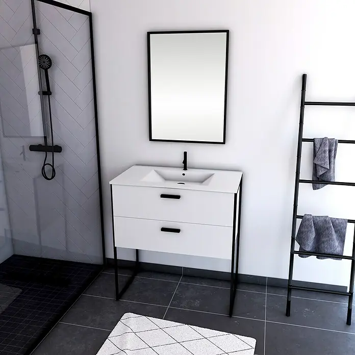 Aurlane Conjunto de mueble de baño Edge Blanc - Blanco/Negro - Cuarto de baño luminoso con mueble de lavabo blanco con dos cajones, estructura negra y espejo a juego.