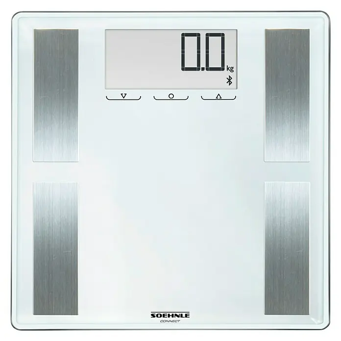 Báscula digital Shape Sense Connect 100 - 32 x 32 x 2,6 cm, Vidrio, Blanco - Báscula de análisis corporal digital Soehnle Connect en blanco con electrodos plateados y pantalla LCD.