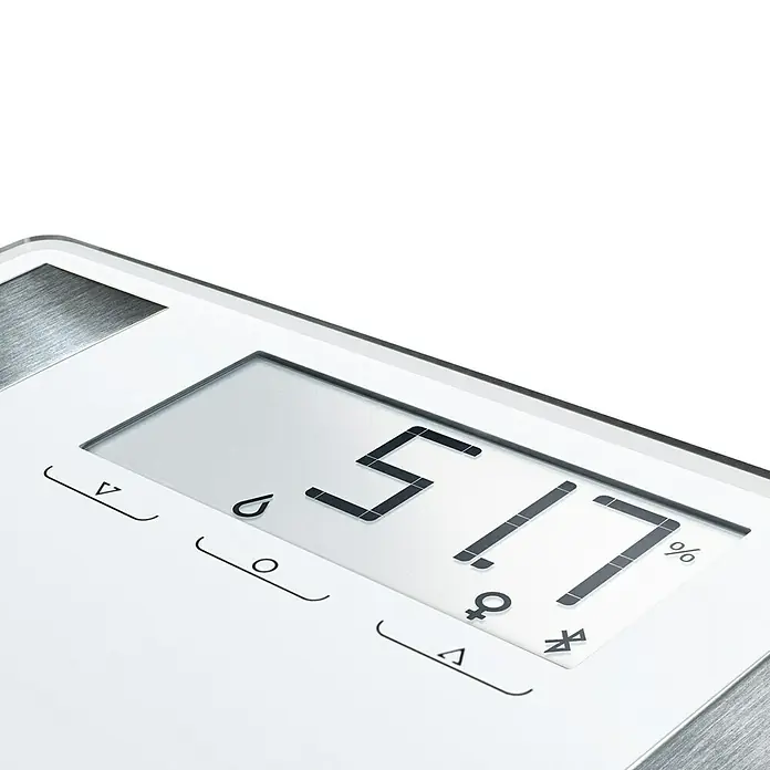 Báscula digital Shape Sense Connect 100 - 32 x 32 x 2,6 cm, Vidrio, Blanco - Primer plano de una báscula de grasa corporal con una pantalla digital que muestra el 51,7% y un símbolo femenino.