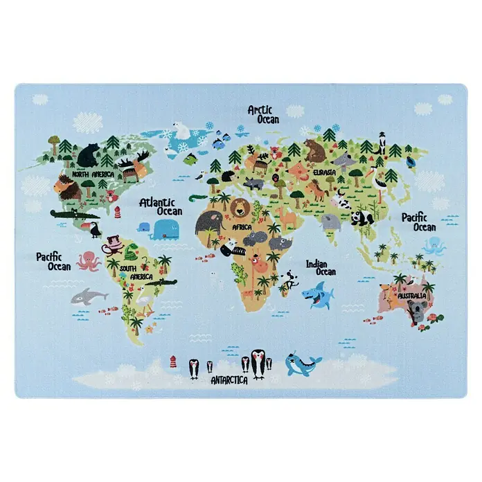 Kinderteppich Play 2917 - Blau, 120 x 80 cm, 100% Polyamide - Niedliche Kinder-Weltkarte mit Tierillustrationen für jedes Land, ideal für Spielzimmer oder Klassenzimmer.