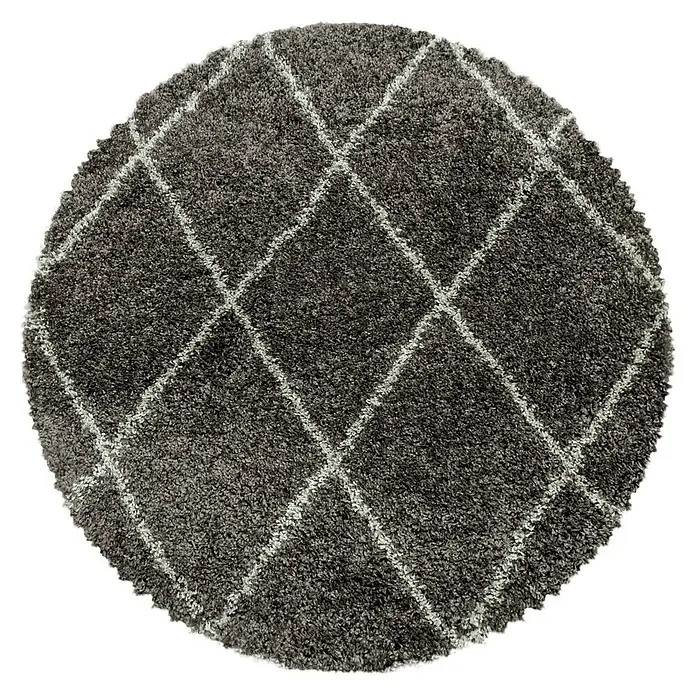 Hochflorteppich Alvor 3401Taupe, Durchmesser: 160 cm, 100 % Polypropylen - Runder grauer Teppich mit Rautenmuster und flauschiger Textur. Ein stilvoller und bequemer Akzent für jeden Raum.