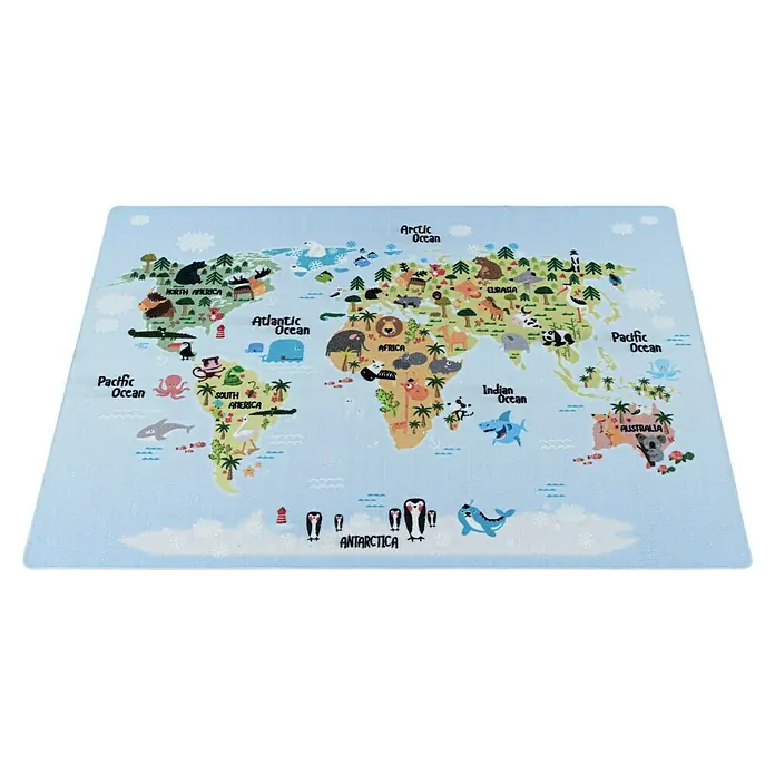 Kinderteppich Play 2917Blau, 230 x 160 cm, 100% Polyamide - Eine farbenfrohe Spielmatte mit einer Weltkarte und Tierillustrationen, die Spaß und Lernen für Kinder kombiniert.