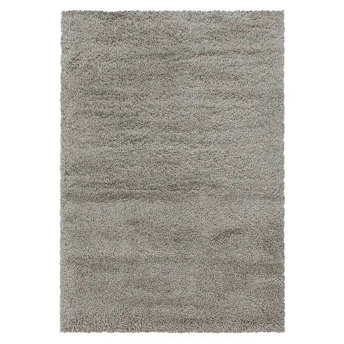 Hochflorteppich Fluffy 3500 - Beige, 370 x 280 cm, 100 % Polypropylen - Detailaufnahme eines weichen, grauen Teppichs mit flauschiger Textur, ideal für Wohnräume, die Komfort und Stil suchen.