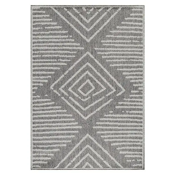 Outdoor-Teppich Aruba 4902 - Grau, 340 x 240 cm, 100% Polypropylen - Bild eines grauen Teppichs mit geometrischem Zickzack-Muster und Rauten in der Mitte für ein modernes Ambiente.
