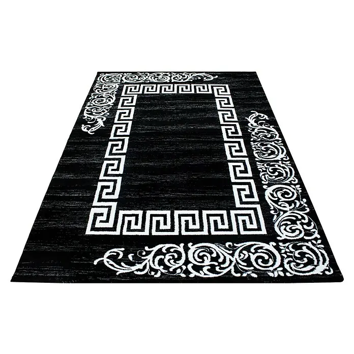 Kurzflorteppich Miami 6620Schwarz, 300 x 80 cm, 100 % Polypropylen - Ein rechteckiger, schwarzer Teppich mit einem weißen, griechisch inspirierten Mäandermuster am Rand.