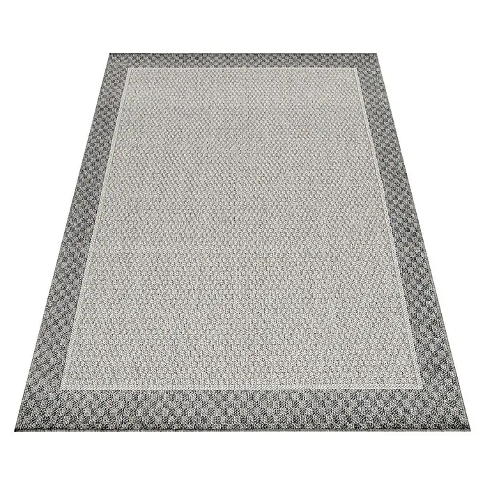Outdoor-Teppich Aruba 4905 - Cream, 200 x 140 cm, 100% Polypropylen - Ein grauer Teppich mit einem geometrischen Muster und einem breiten Rand auf einem schwarzen Hintergrund.