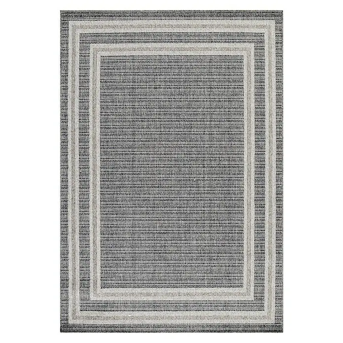 Outdoor-Teppich Aruba 4901 - Grau, 250 x 80 cm, 100% Polypropylen - Quadratischer Teppich mit dreifachem Bordürendesign in Grau- und Weißtönen, ideal für moderne Innenräume und zur Akzentuierung von Wohnbereichen.