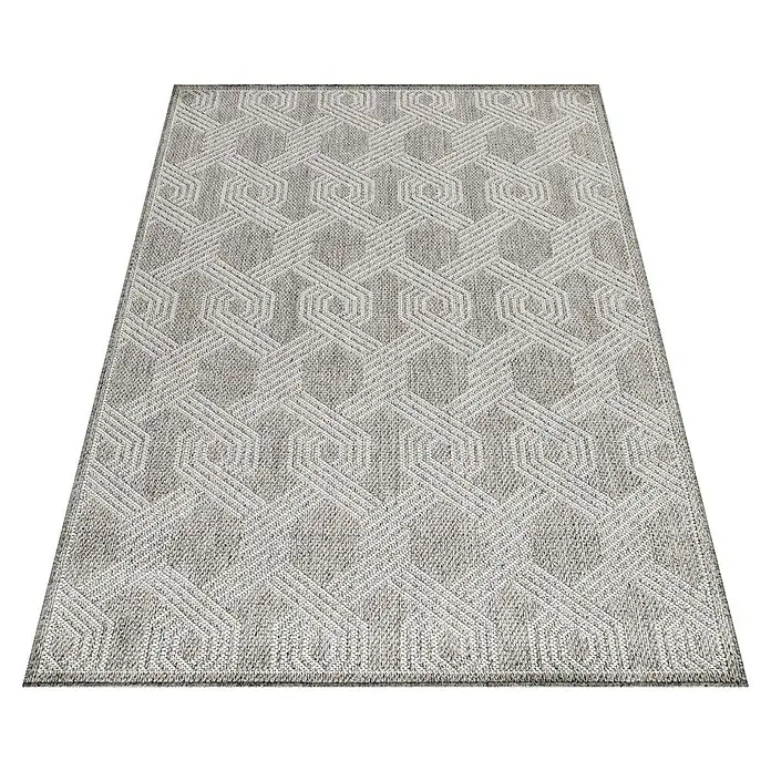 Outdoor-Teppich Aruba 4904 - Grau, 170 x 120 cm, 100% Polypropylen - Grauer Teppich mit geometrischem Muster. Der Teppich hat ein sich wiederholendes Sechseck- und Linienmuster in verschiedenen Grautönen.