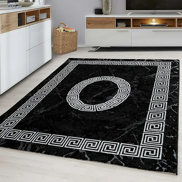 Kurzflorteppich Plus 8009 - Schwarz, 370 x 280 cm, 100 % Polypropylen - Schwarzer Teppich mit griechischem Mäandermuster.