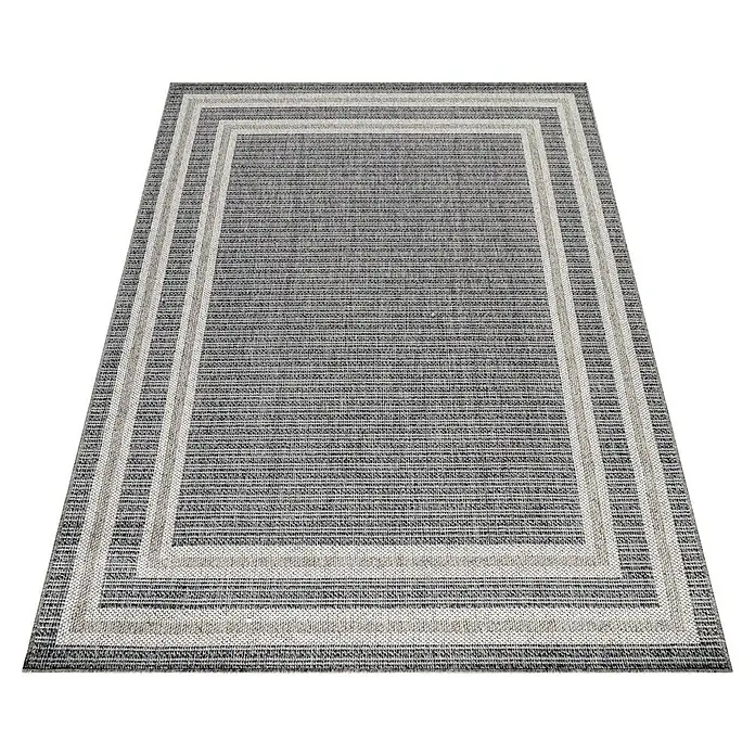 Outdoor-Teppich Aruba 4901Grau, 230 x 160 cm, 100% Polypropylen - Grauer rechteckiger Teppich mit einem dreifachen Bordürenmuster in verschiedenen Grautönen, der einen stilvollen Akzent setzt.