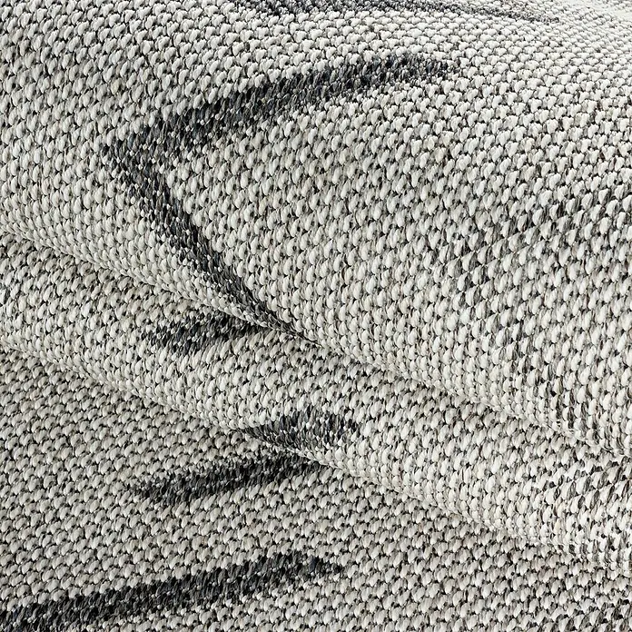 Outdoor-Teppich Aruba 4901 - Cream, 290 x 200 cm, 100% Polypropylen - Nahaufnahme eines strukturierten Teppichs mit einem zarten Muster in Grau- und Weißtönen, der eine gemütliche Textur zeigt.