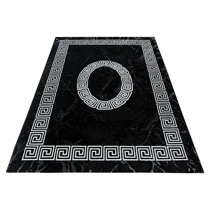 Kurzflorteppich Plus 8009 - Schwarz, 370 x 280 cm, 100 % Polypropylen - Schwarzer Teppich mit einem griechischen Mäandermuster, das ein stilvolles und elegantes Design bietet.